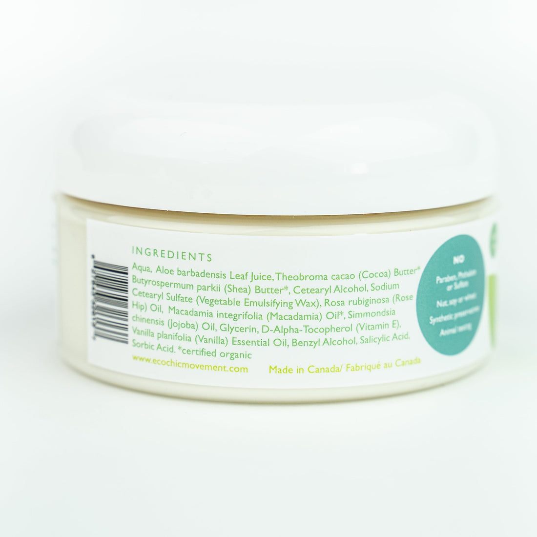A list of all natural skincare ingredients on a tub of natural belly butter for pregnancy