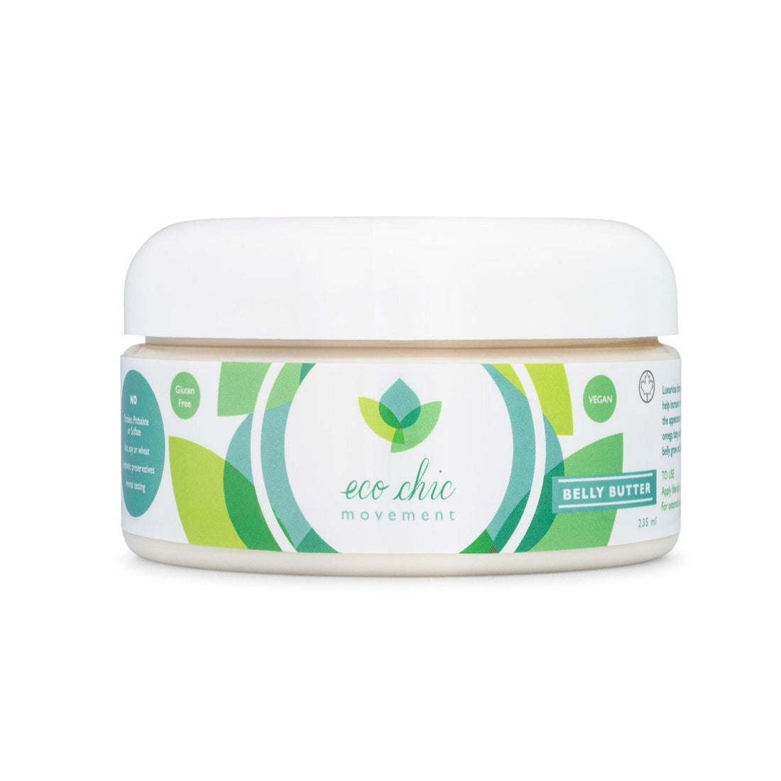 a tub of handmade, vegan, natural belly butter for pregnancy stretch marks from Eco Chic Movement