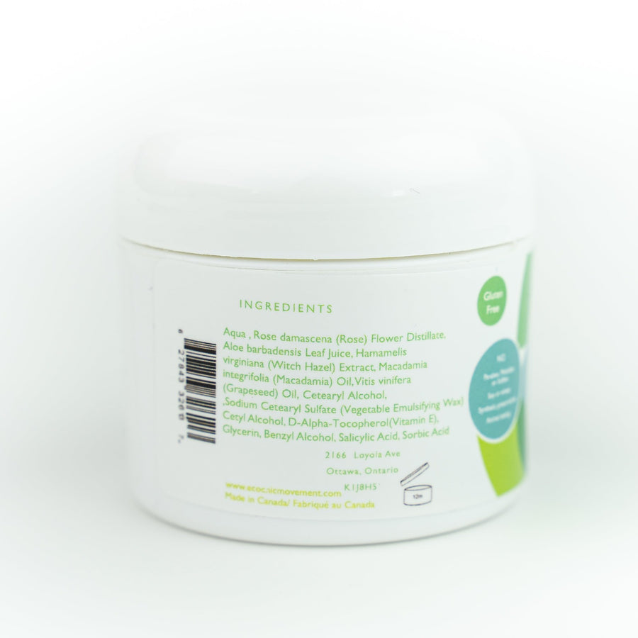 Natural skincare ingredients are listed on the back of a tub of natural oily skin face moisturizer
